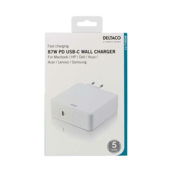 Deltaco USB-C 87W Wall Charger - White